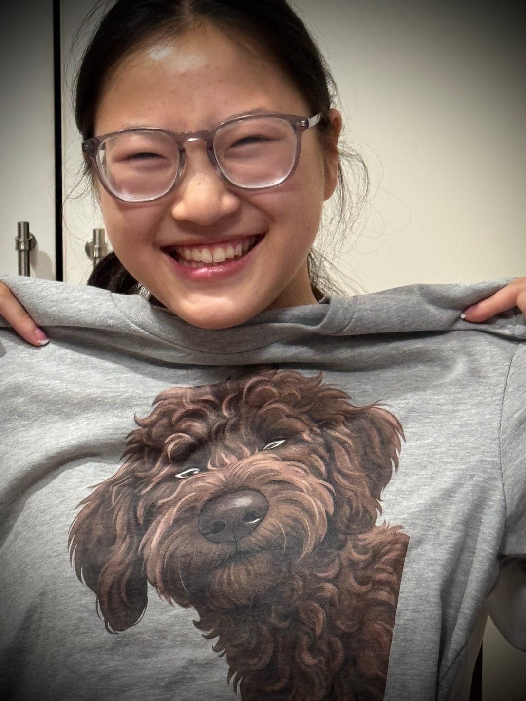 Customer photo review of Funny Peeking Chocolate Goldendoodle T-Shirt