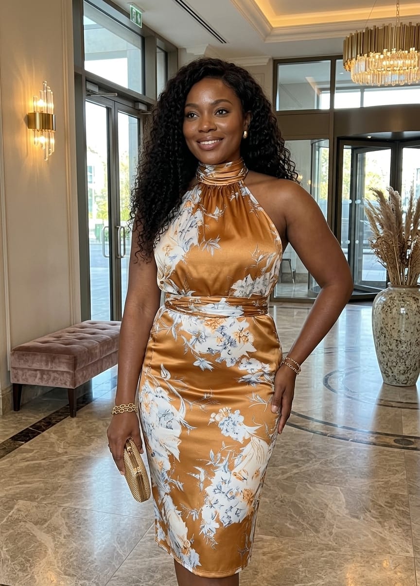 Customer photo review of Brown Floral Satin Halter Sleeveless Sheath Midi Dress