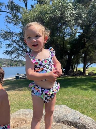 Customer photo review of Girls Ruffle Two Piece Zip Swim Suit