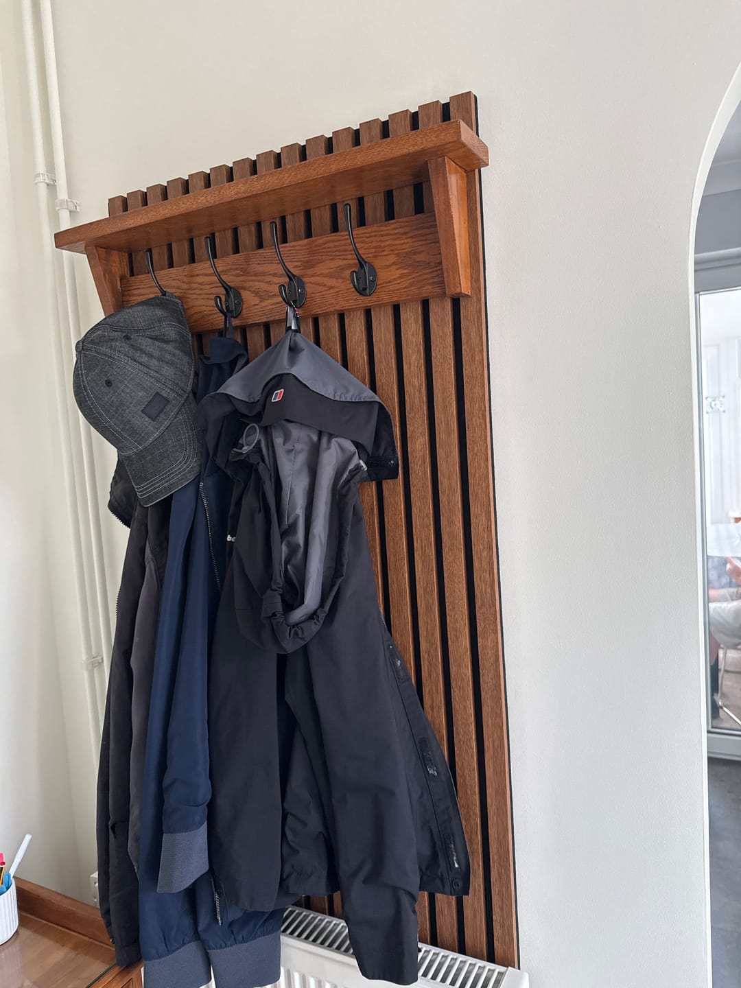 Customer photo review of Solid Oak Walnut Coat Rack with Shelf