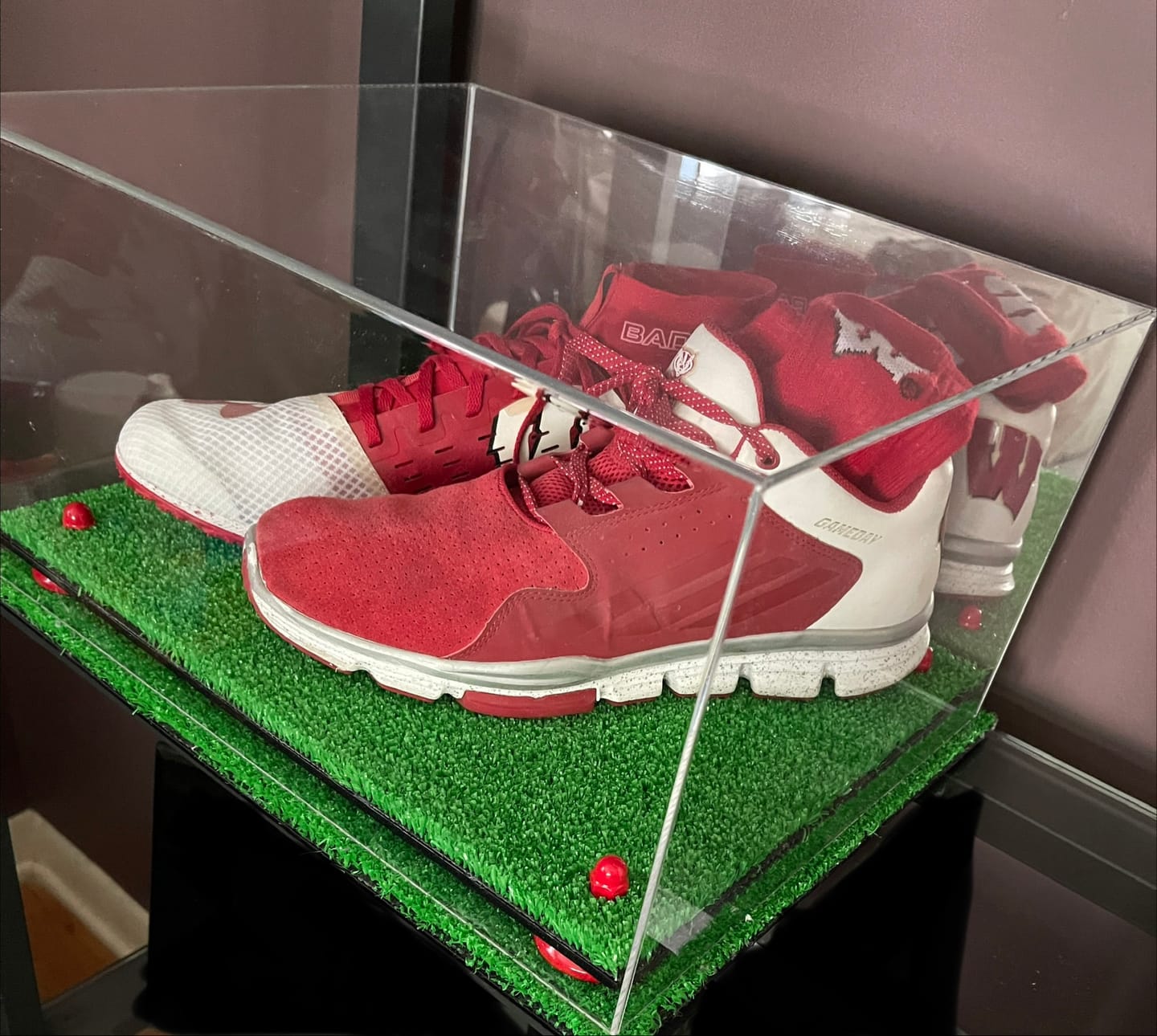 Customer photo review of Large Display Case for Small Basketball High Top Shoes, Sneakers, Lacrosse, Soccer & Football Cleats with Mirror Back No Wall Mounts