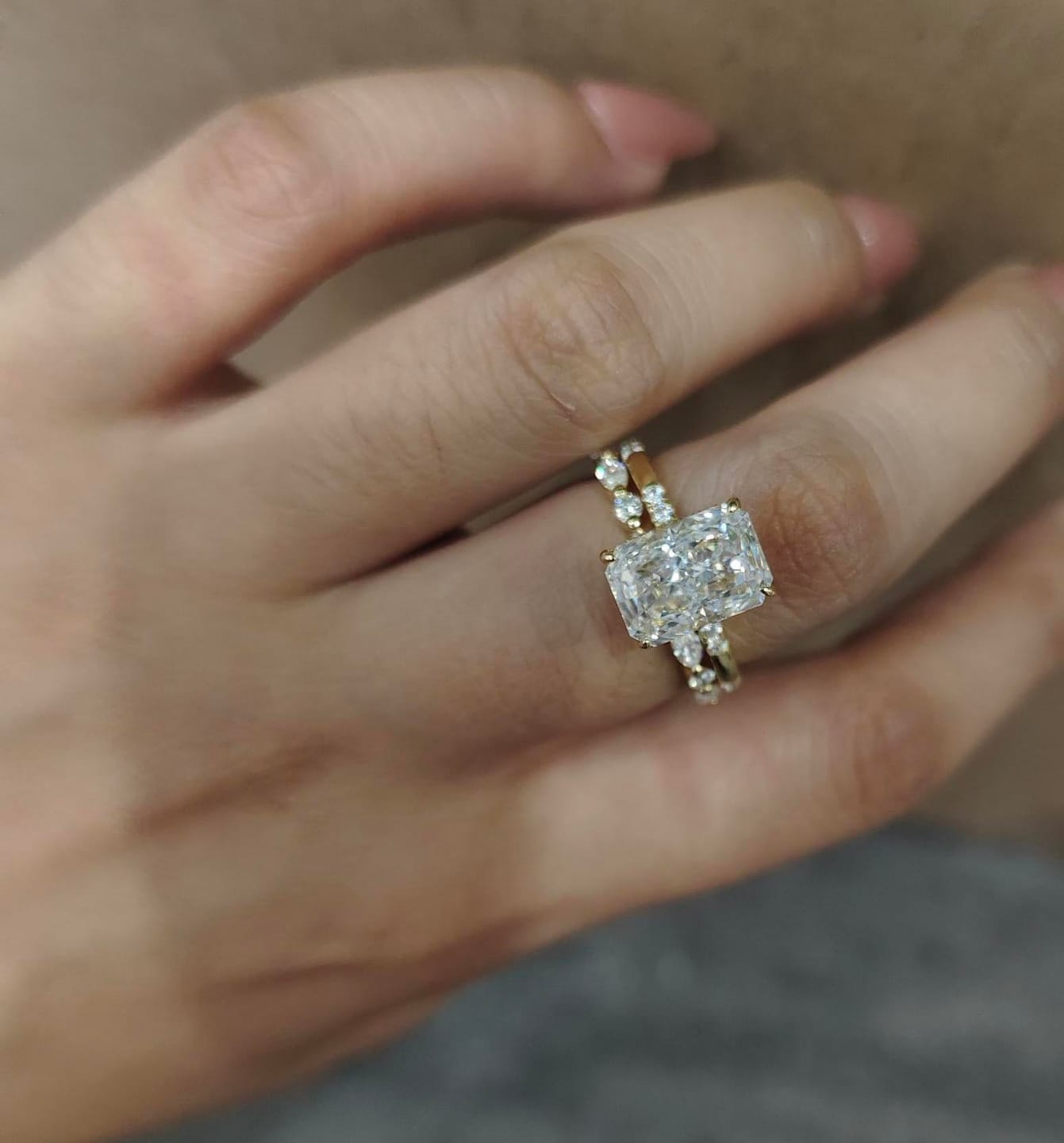 Customer photo review of S925 4.5Ct Radiant Cut Hidden Halo Wedding Set Brilliance in Every Angle Stackable RIngs