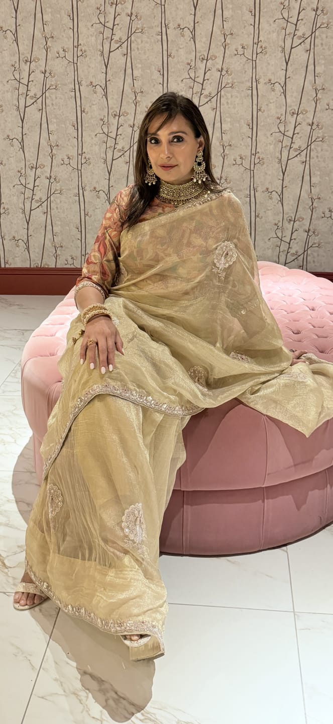 Customer photo review of Champagne Beige Embroidered Glass Tissue Designer Saree