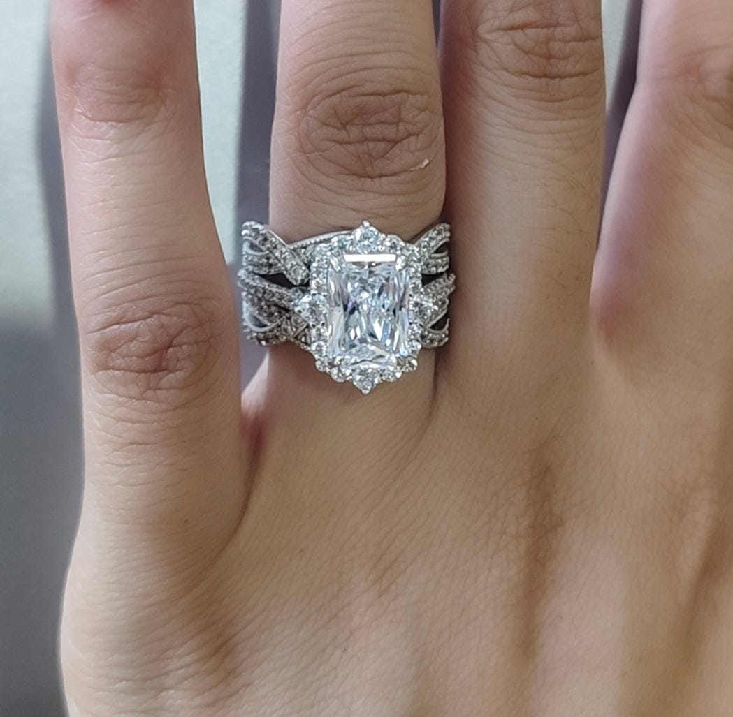 Customer photo review of S925 3.0Ct Radiant Cut Black Stone/White Stone Halo Insert Wedding Ring Set For Women In Sterling Silver