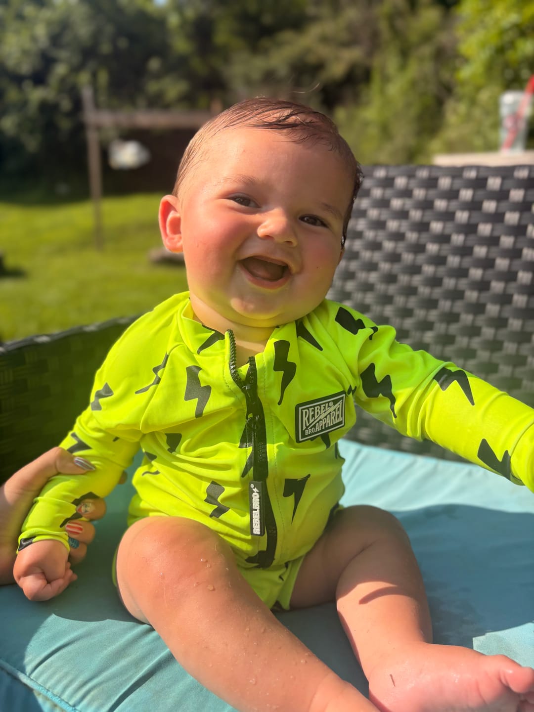 Customer photo review of UPF50+ Boys Swim Romper in Neon Electric Lime x Jagger