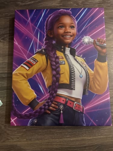 Customer's 'K-Pop Queen The Magic Beats' canvas portrait of a smiling young girl with long purple braids holding a microphone.