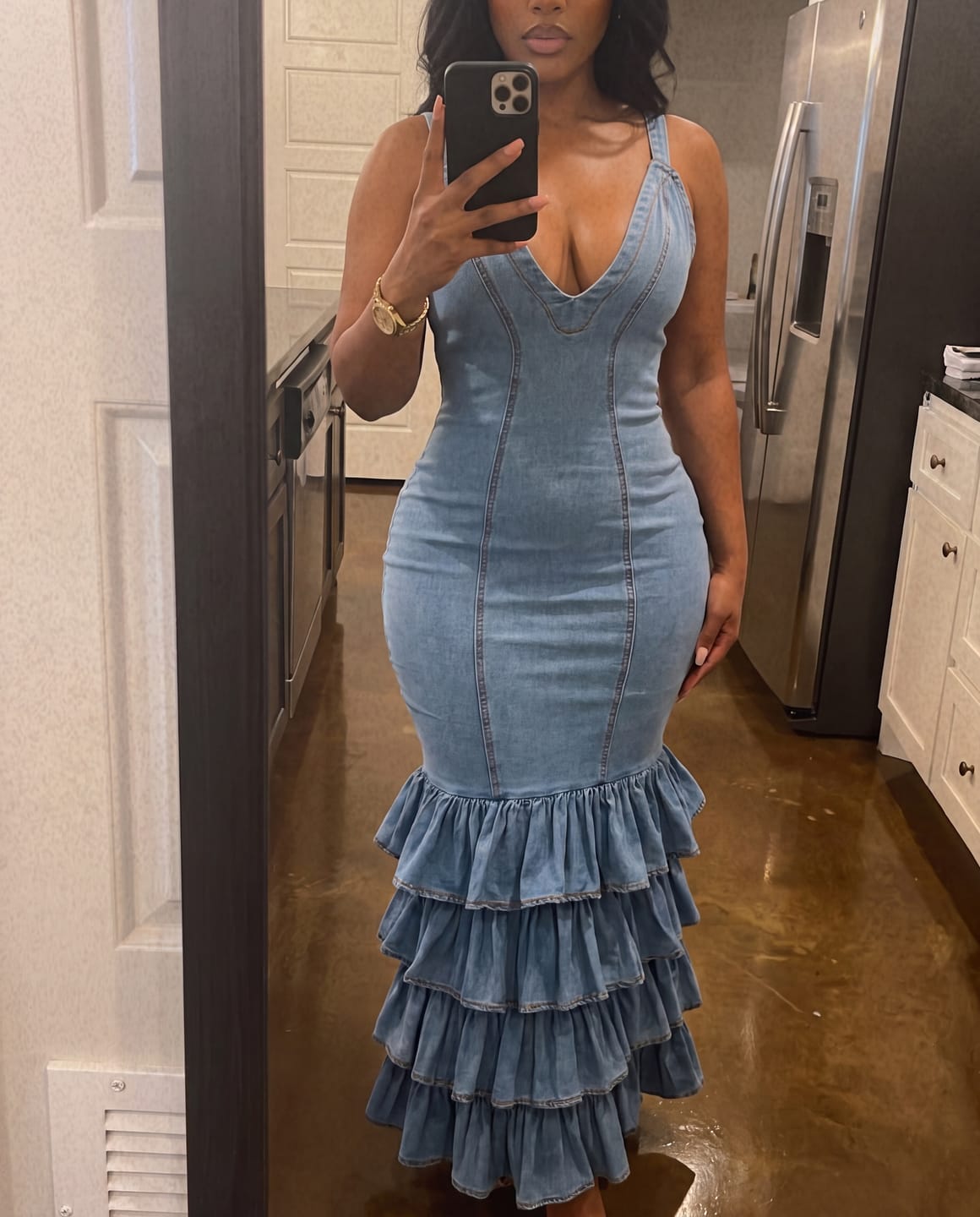 Customer photo review of Tiered Mermaid Denim Dress