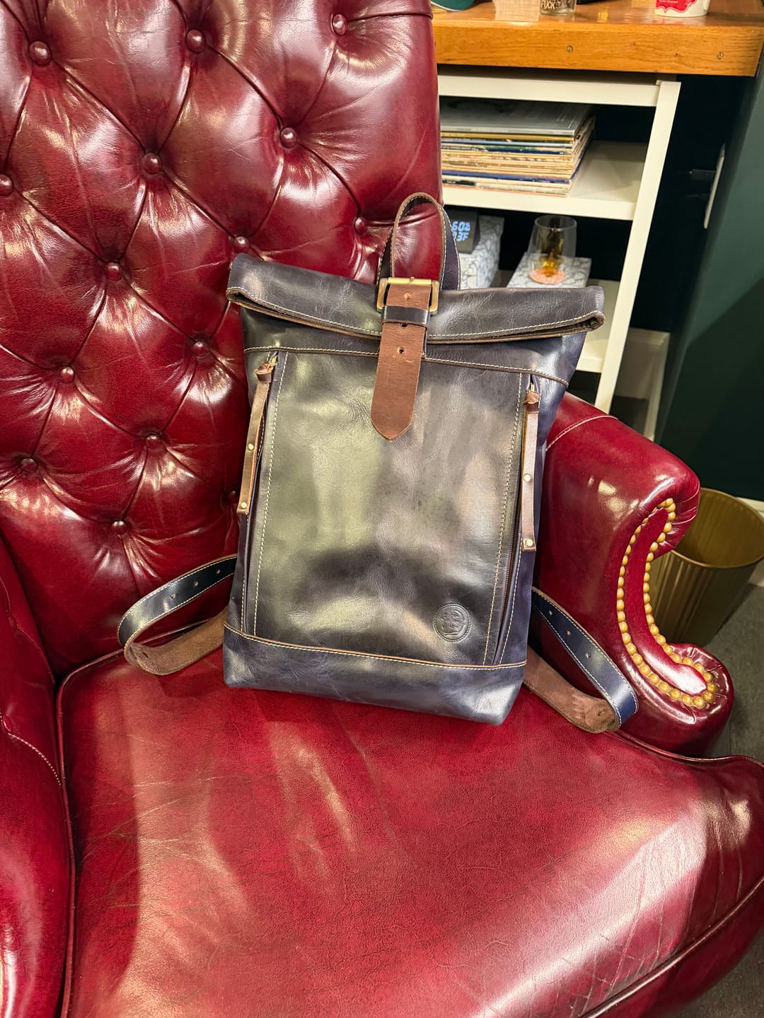 Customer photo review of Explorer Vintage Leather Roll-Top Backpack | Midnight Blue