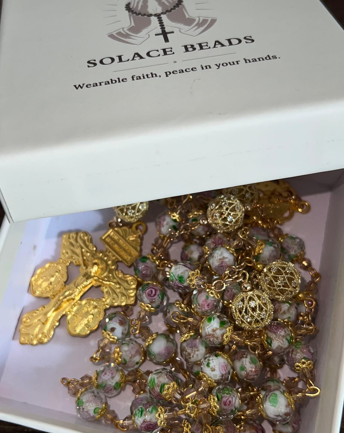 Customer photo review of SolaceBeads White Floral Lampwork Glass Rosary: Grace With Gold Filigree & Miraculous Medal
