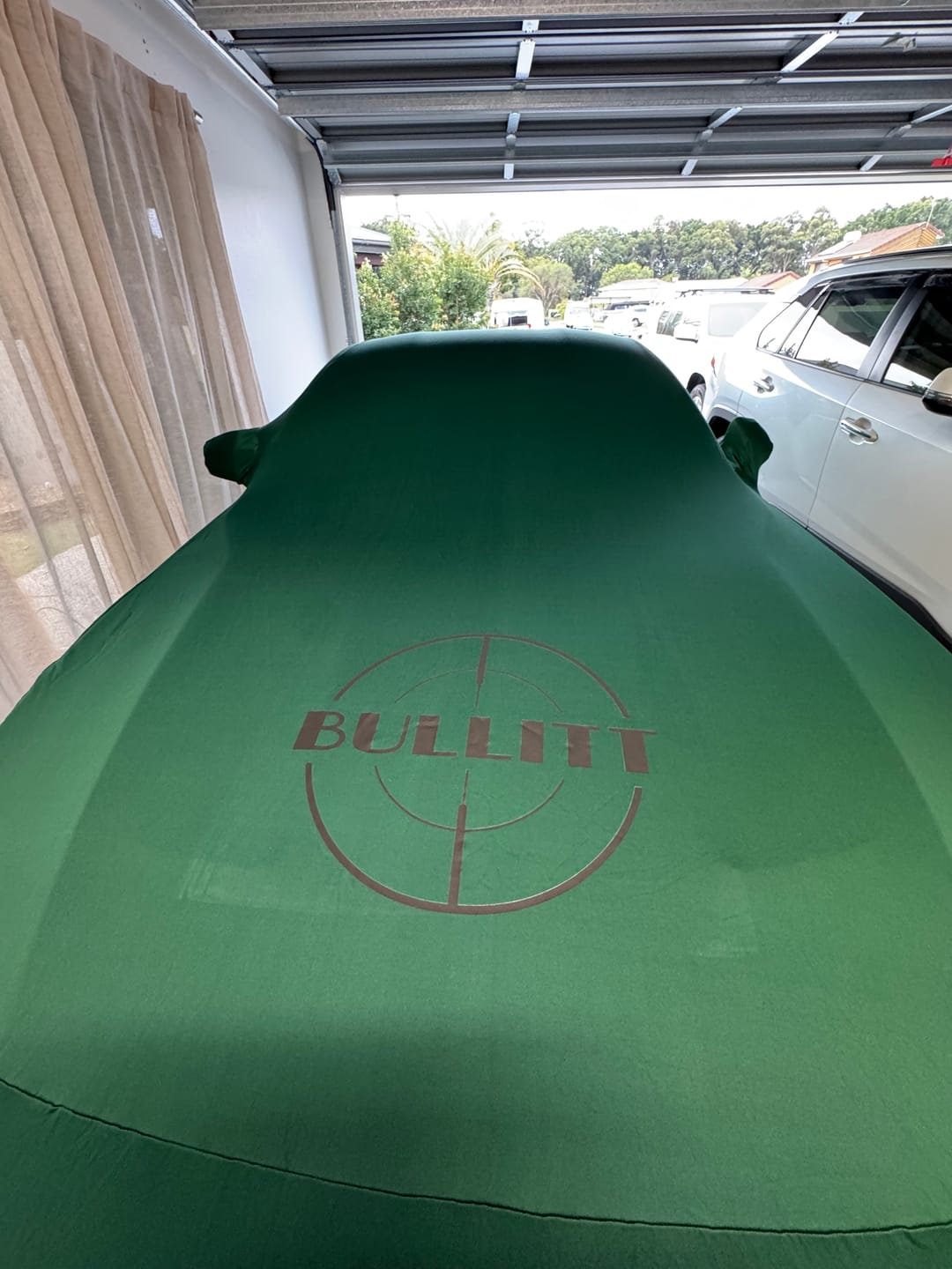 Customer photo review of 2018-2020 Ford Mustang Bullitt Coupe 2 mirrors Purfit Indoor Dark Green Custom Car Cover with Bullitt Logos