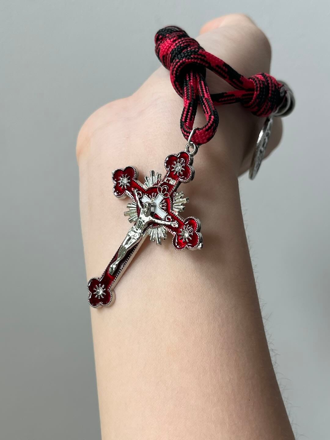 Customer photo review of Solacebeads Gunmetal Bead Car Rosary & Red Enamel Crucifix: Rooted In St. Michael Protection