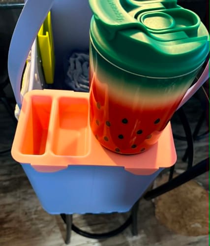 Reviewer's Thicc Buddy 50oz mug with a colorful watermelon design and green lid, shown resting in a storage caddy.