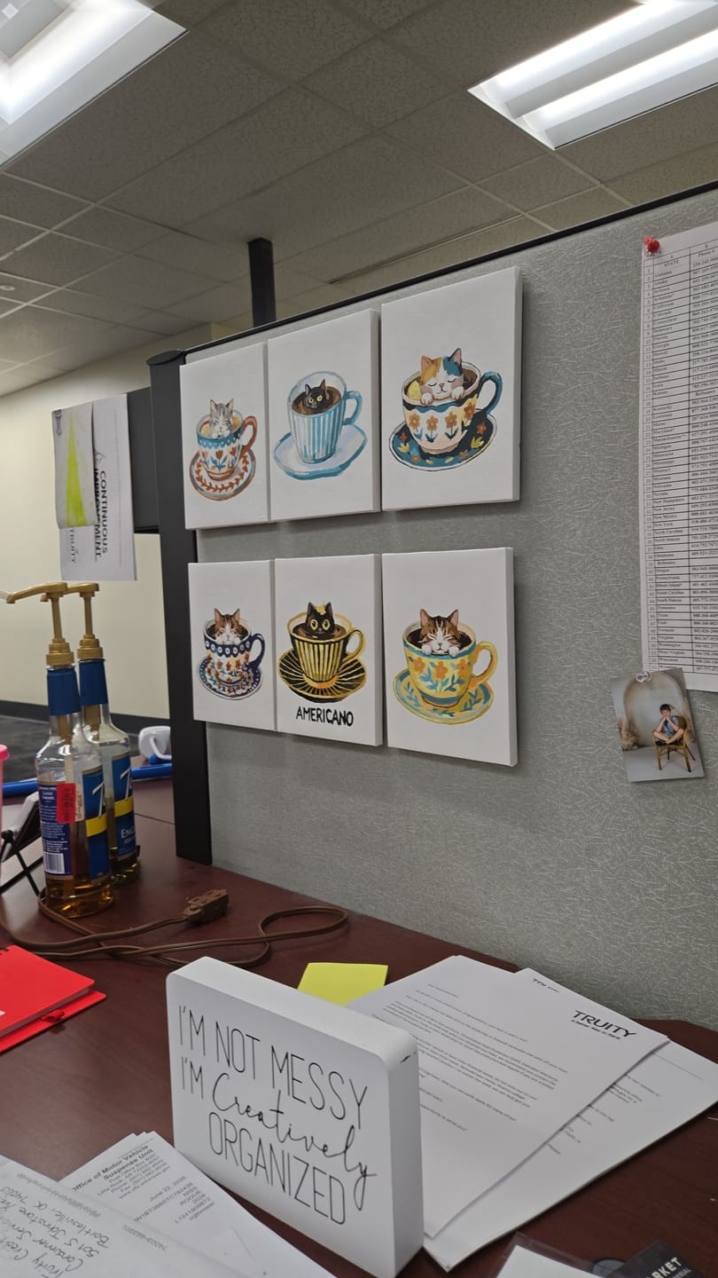 Customer photo review of 6 Mini Paintings - Cats in Cups Set