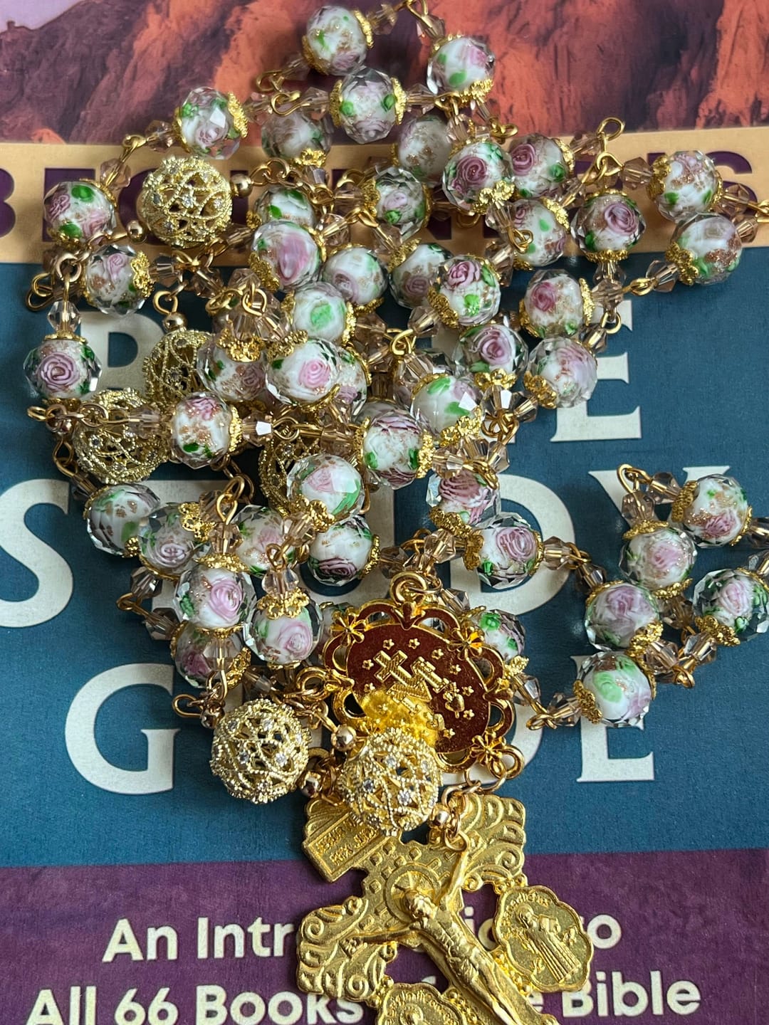 Customer photo review of SolaceBeads White Floral Lampwork Glass Rosary: Grace With Gold Filigree & Miraculous Medal