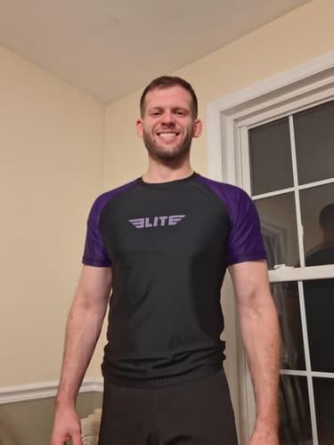 Customer photo review of Standard Purple Short Sleeve No-Gi Mens BJJ Rash Guard