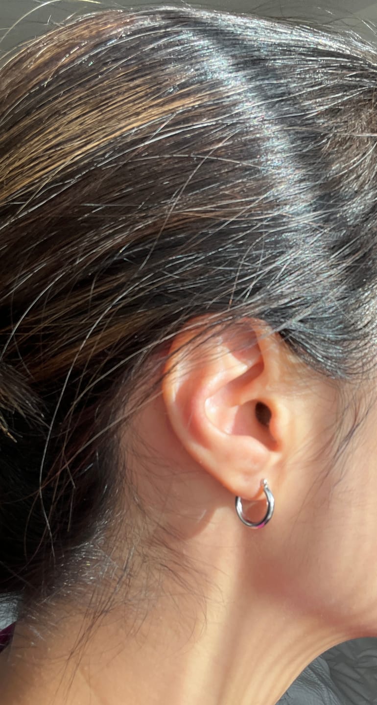 Customer photo review of 14k White Gold Classic Hoop Earrings, 2mm