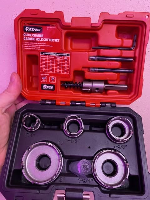 Customer photo review of 9-Piece Quick Change Carbide Hole Saw Kit, 7/8" to 2" Hole Cutters for Stainless Steel and Sheet Metal, with Pilot Drills, Hex Key and Spring
