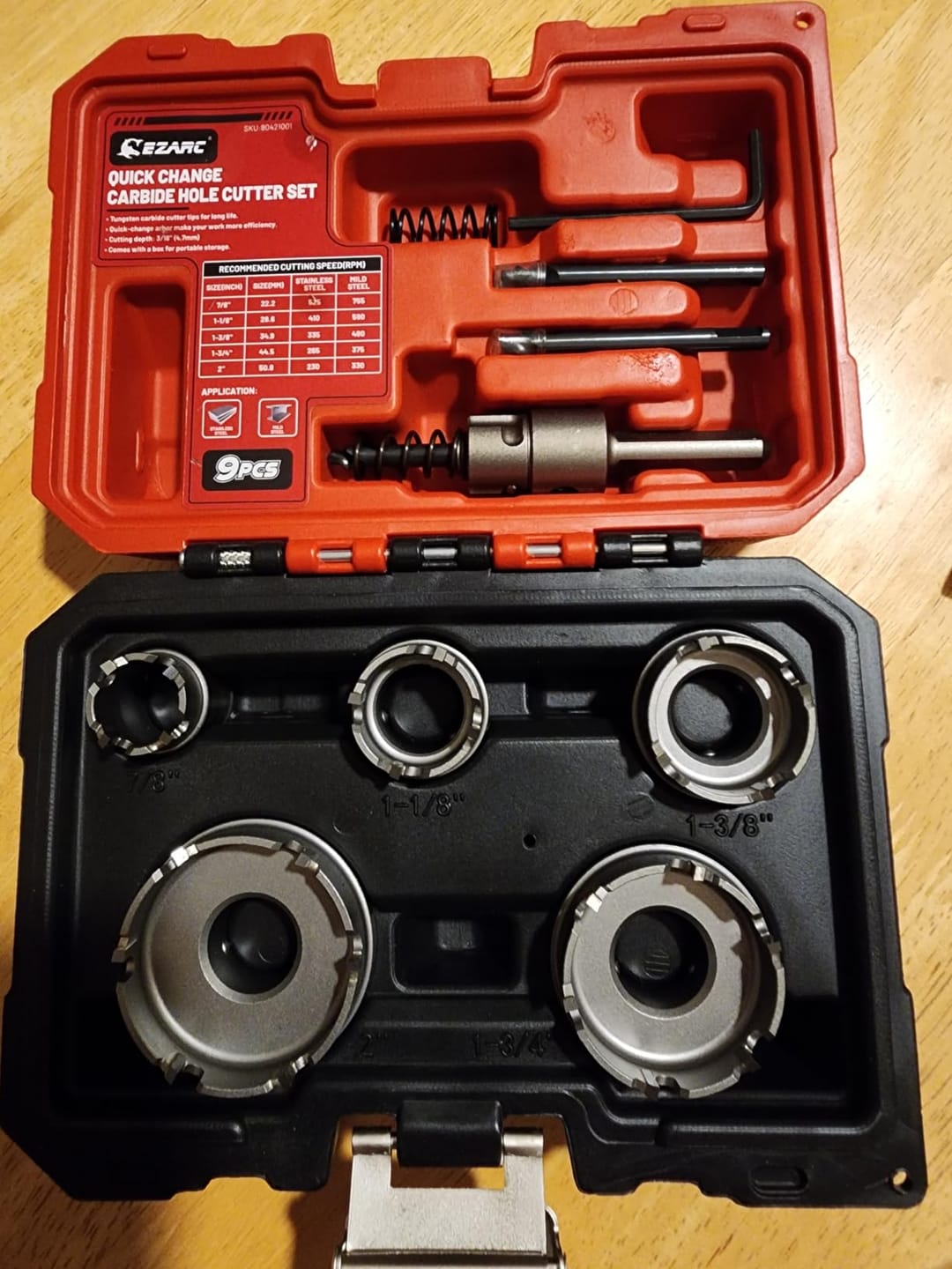Customer photo review of 9-Piece Quick Change Carbide Hole Saw Kit, 7/8" to 2" Hole Cutters for Stainless Steel and Sheet Metal, with Pilot Drills, Hex Key and Spring