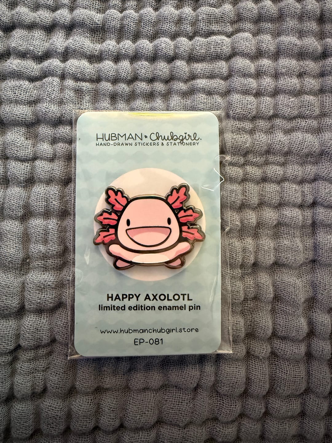 Customer photo review of Happy Axolotl Pin