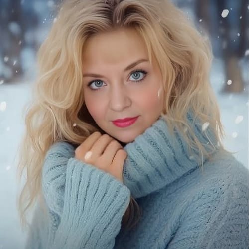 Reviewer in a cozy blue sweater in a snowy setting, evoking the mood of the Smoke & Mirrors perfume.