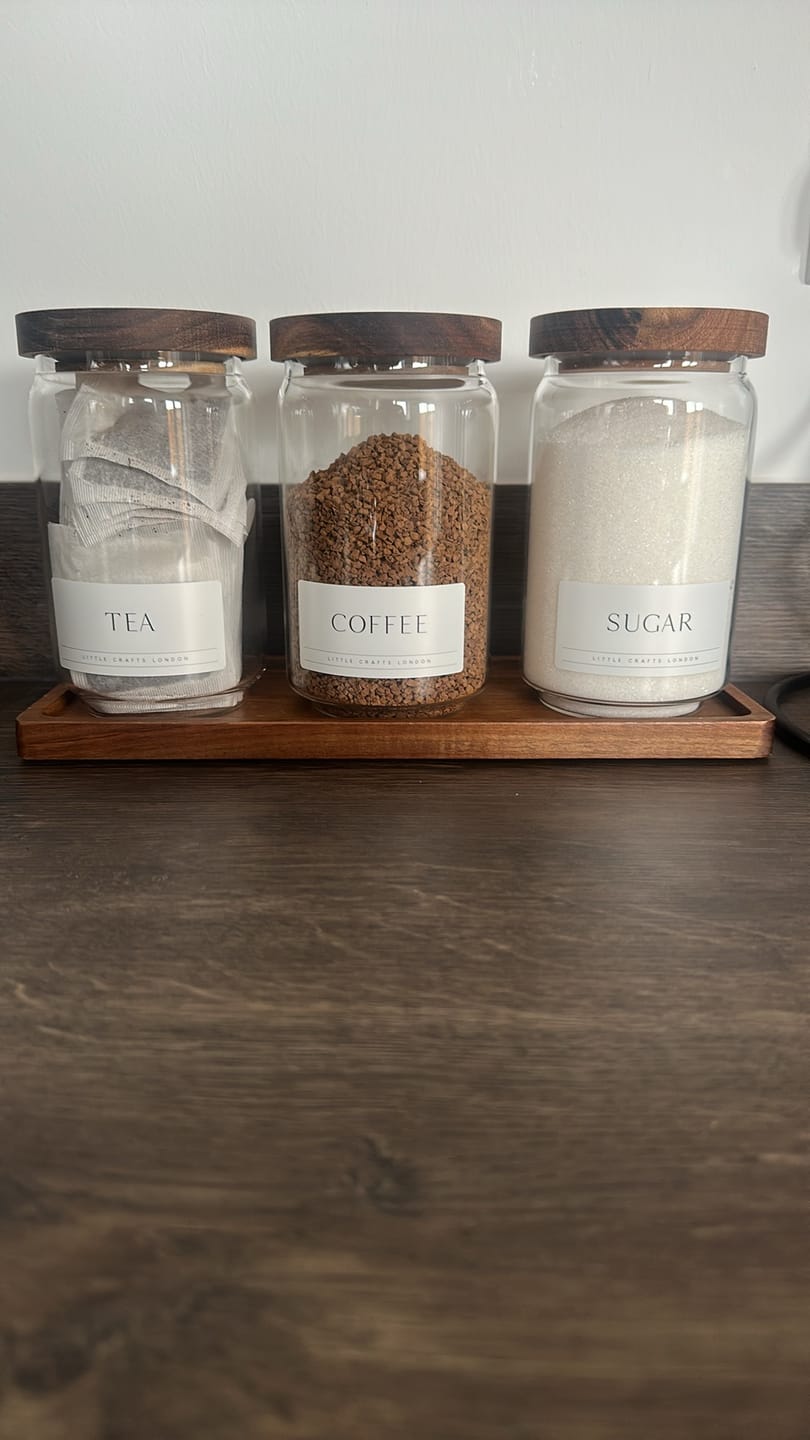Customer photo review of Set of 3 Acacia Glass Jars Tea, Coffee and Sugar 750 ML & Rectangle Tray [LABEL SLIM]