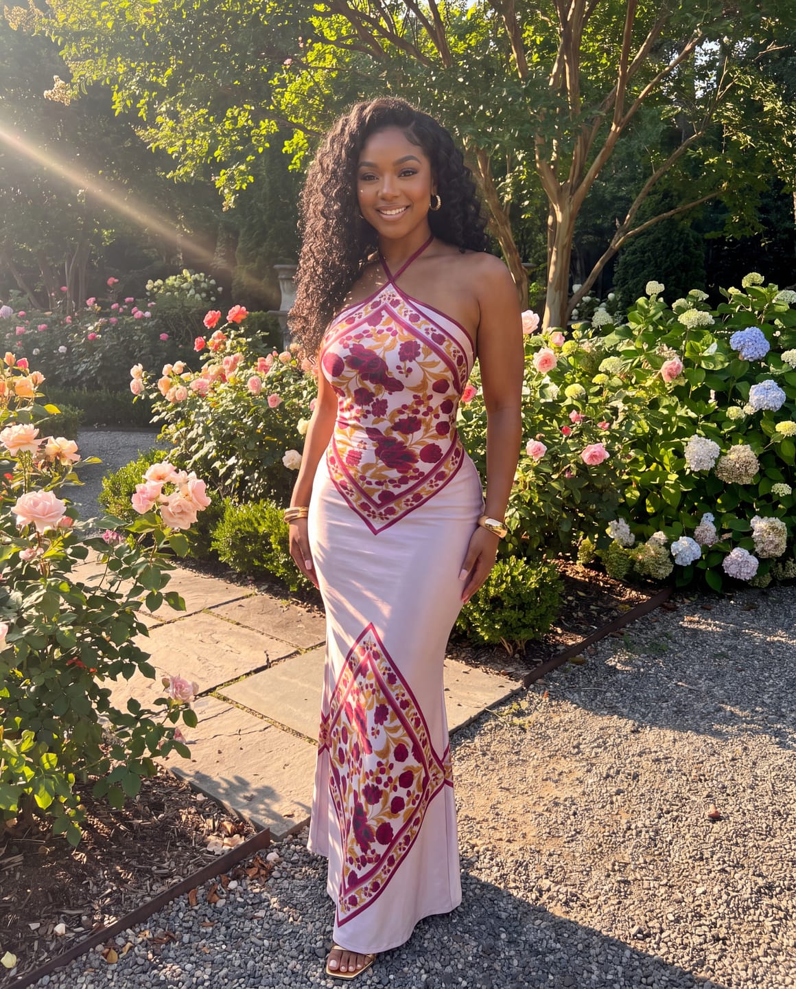 Customer photo review of Backless Floral Satin Maxi