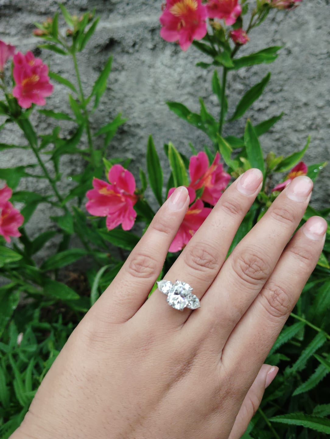 Customer photo review of 5Ct Cushion 3-Stone Solitaire Silver Ring