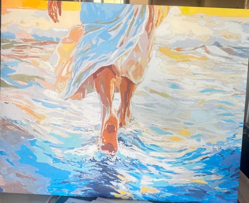 Customer's beautiful finished 'Jesus Walks' paint-by-numbers project, showing the lower half of Jesus walking on water.