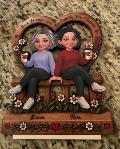 Customer's personalized floral wooden plaque with two friends on a bench, featuring the names "Sharon" and "Rose" on the base.