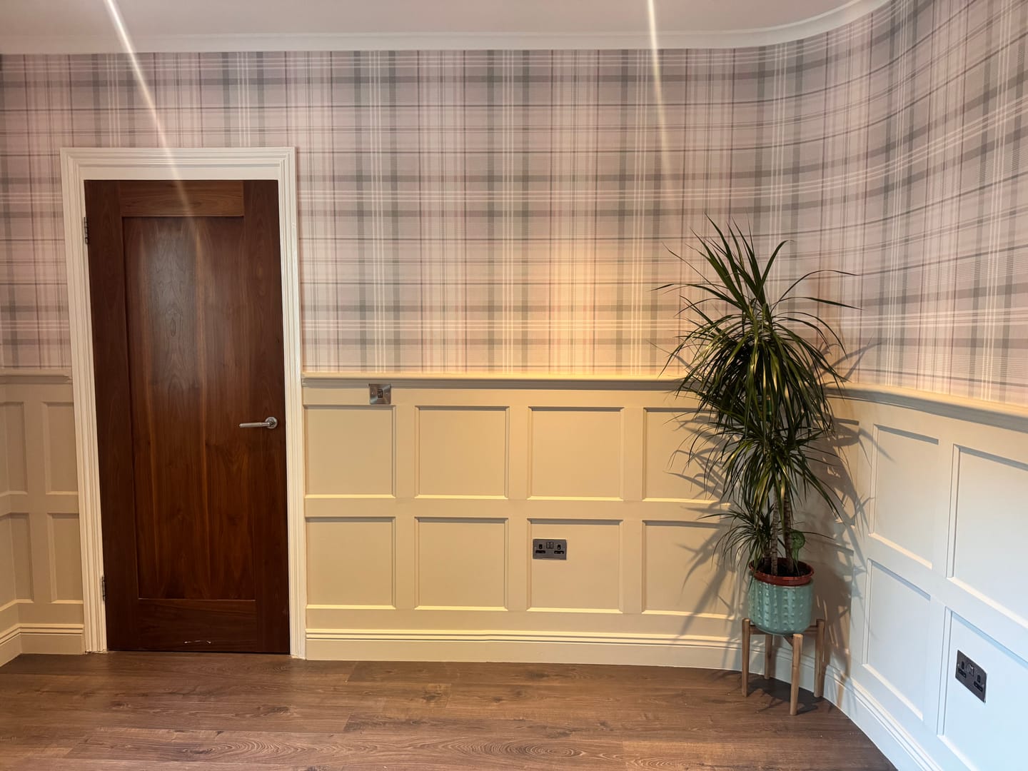 Customer photo review of Kirkham Check Plaid Wallpaper – Pink – Last 3 Rolls