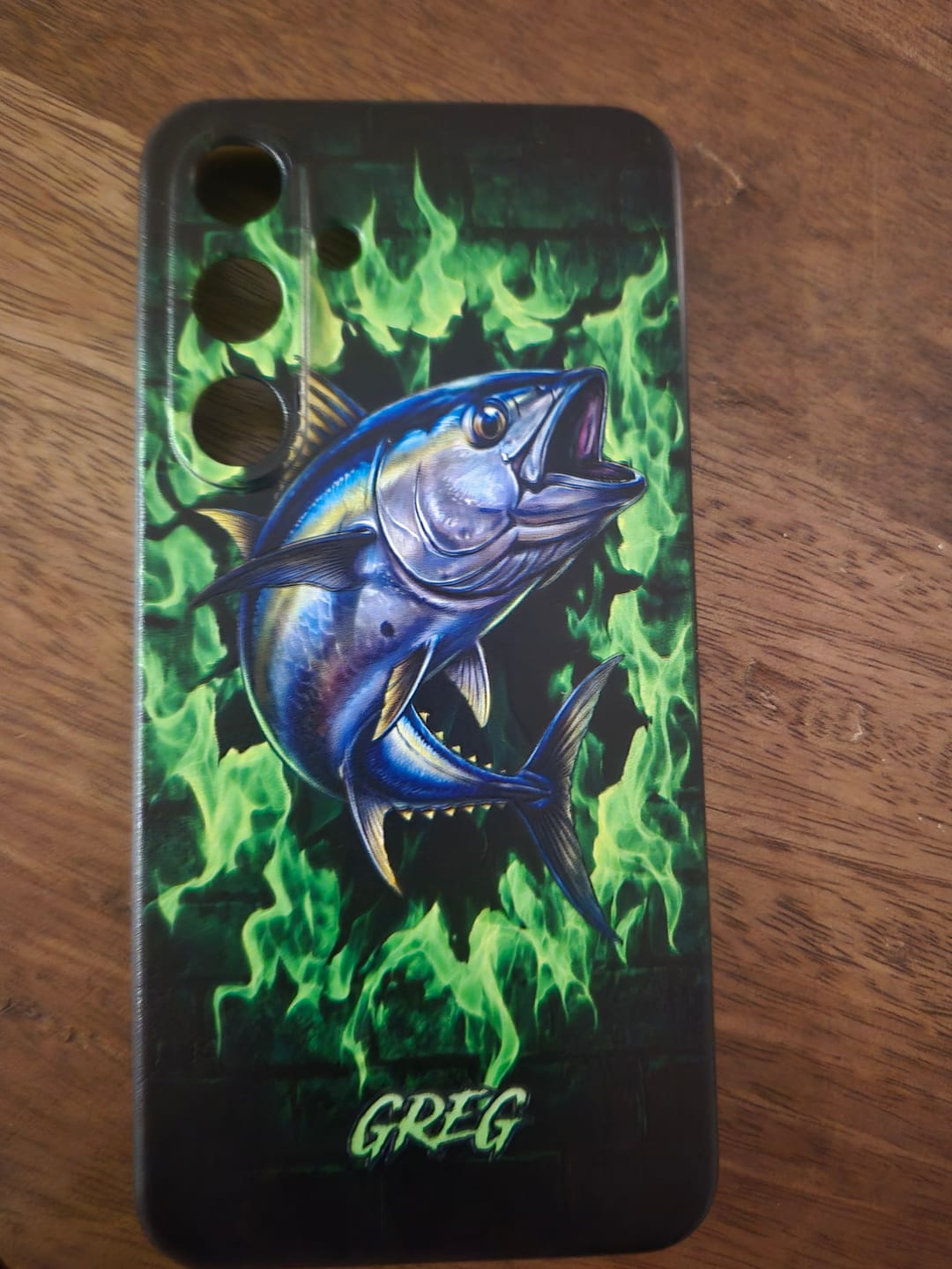 Customer photo review of Maxcorners Bass Fishing Phone Case Green Flame Dark Brick Wall Fish Art Design Custom Name Phone Case (12 Fish Species)