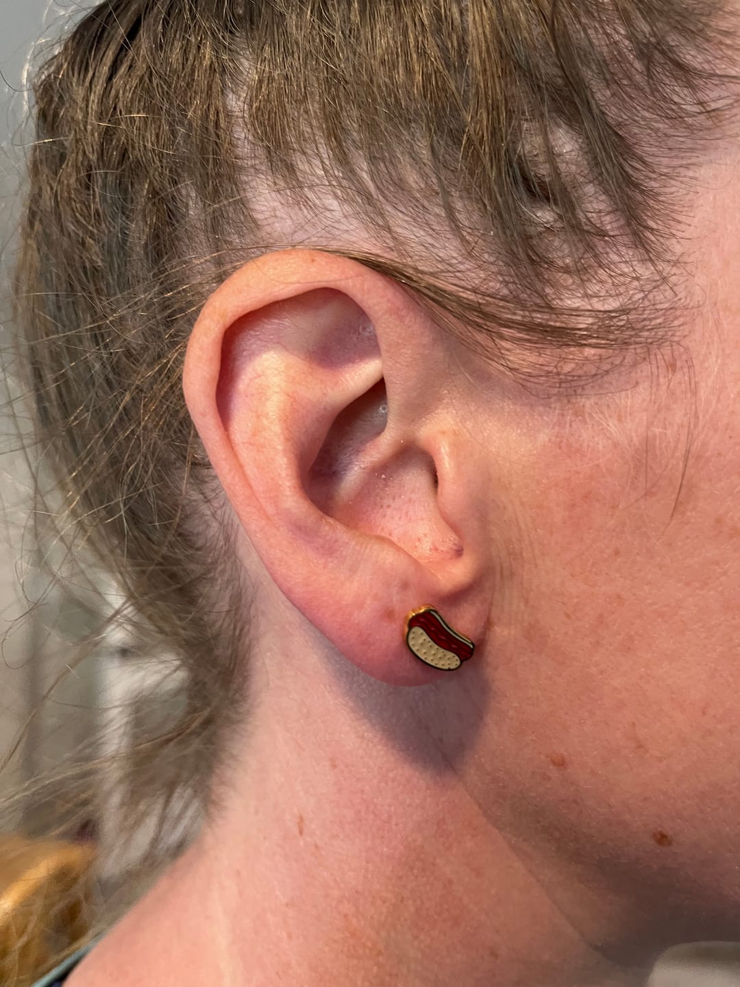 Customer photo review of Hot Dog Enamel Earrings