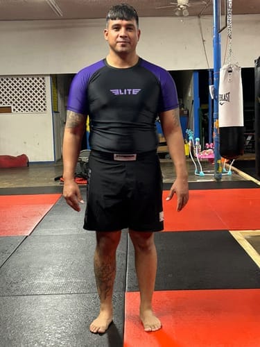 Customer photo review of Standard Purple Short Sleeve No-Gi Mens BJJ Rash Guard