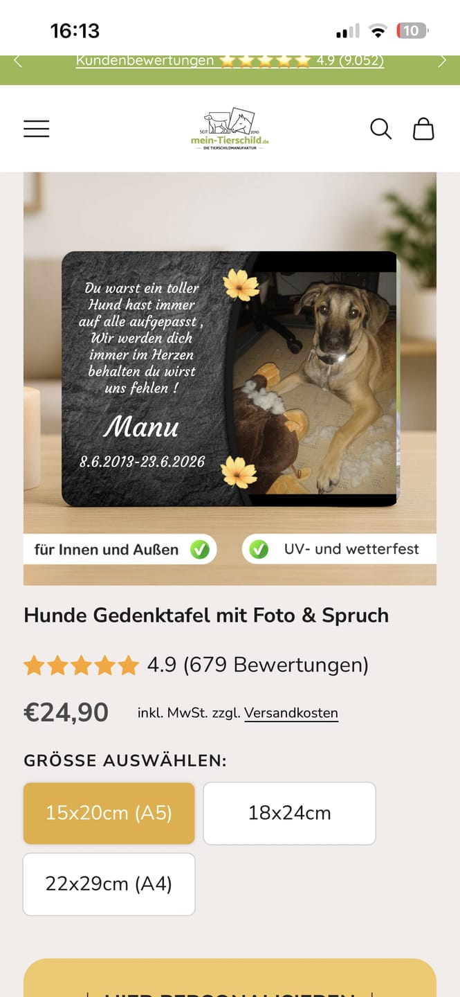 Customer photo review of Hunde Gedenktafel mit Foto & Spruch (UV- &  Wetterfest)