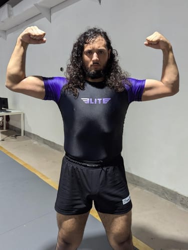 Customer photo review of Standard Purple Short Sleeve No-Gi Mens BJJ Rash Guard