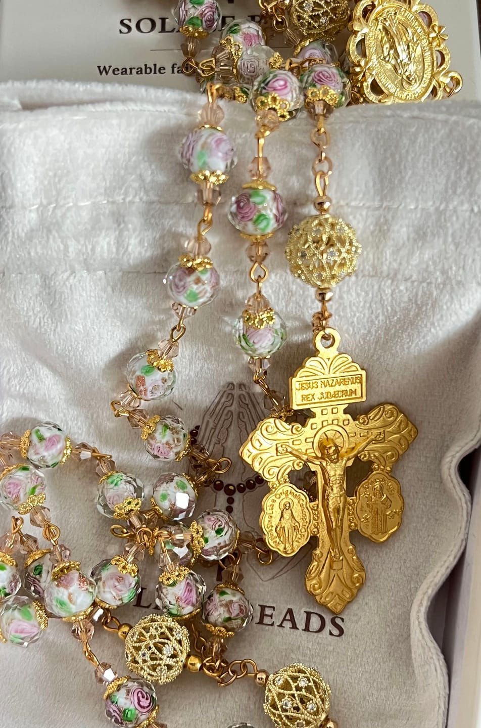Customer photo review of SolaceBeads White Floral Lampwork Glass Rosary: Grace With Gold Filigree & Miraculous Medal