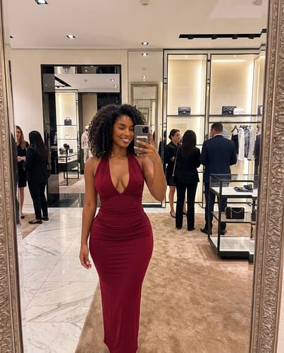 Customer photo review of Sultry Plunge Halter Gown