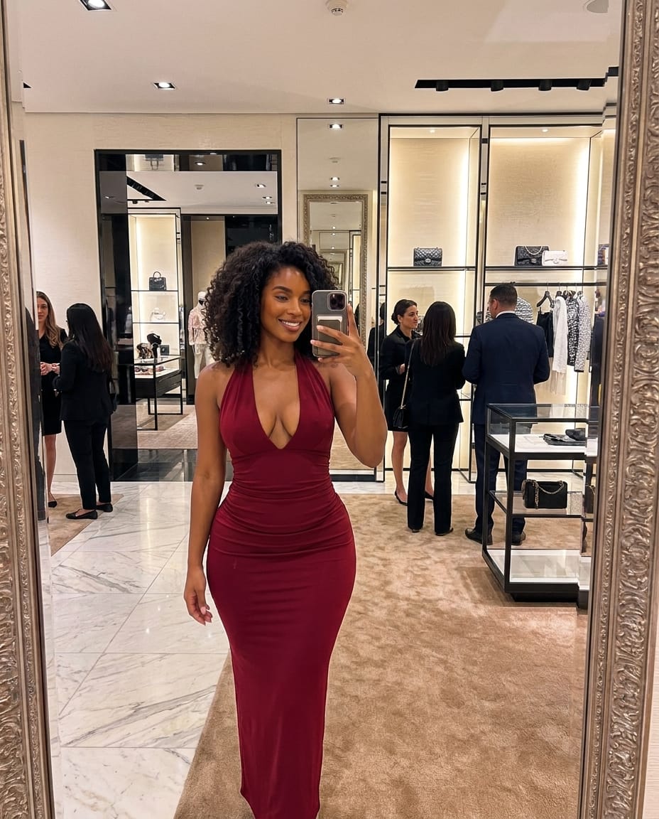 Customer photo review of Sultry Plunge Halter Gown