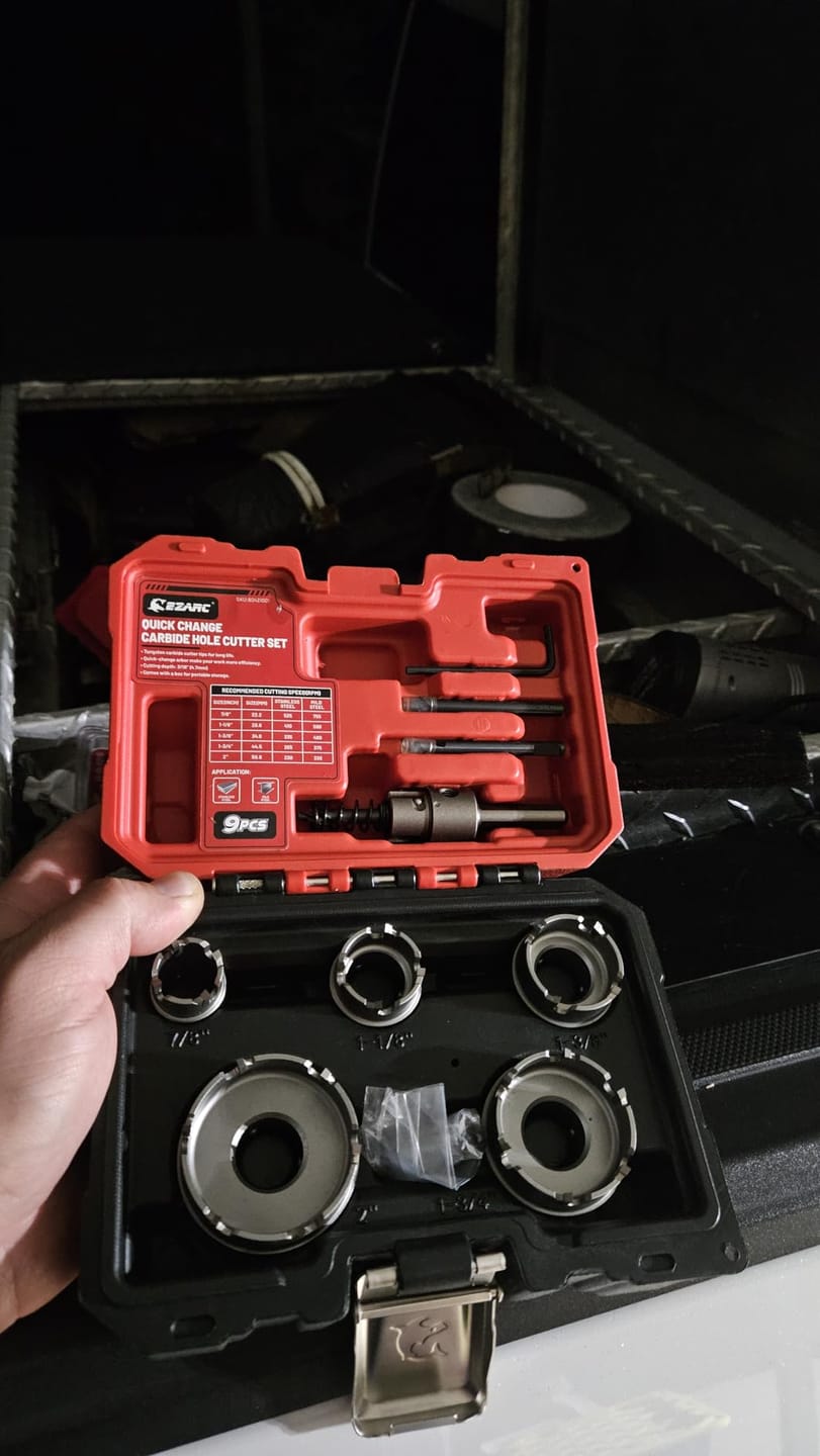 Customer photo review of 9-Piece Quick Change Carbide Hole Saw Kit, 7/8" to 2" Hole Cutters for Stainless Steel and Sheet Metal, with Pilot Drills, Hex Key and Spring