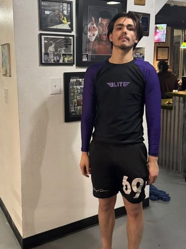 Customer photo review of Standard Purple Long Sleeve No-Gi Mens BJJ Rash Guard