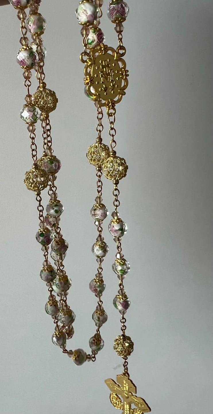 Customer photo review of SolaceBeads White Floral Lampwork Glass Rosary: Grace With Gold Filigree & Miraculous Medal