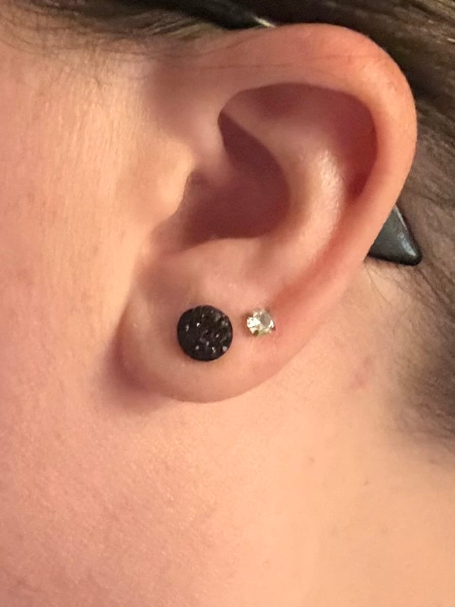 Customer photo review of Petite Faux Druzy Studs Hypoallergenic Earrings for Sensitive Ears with Plastic Posts