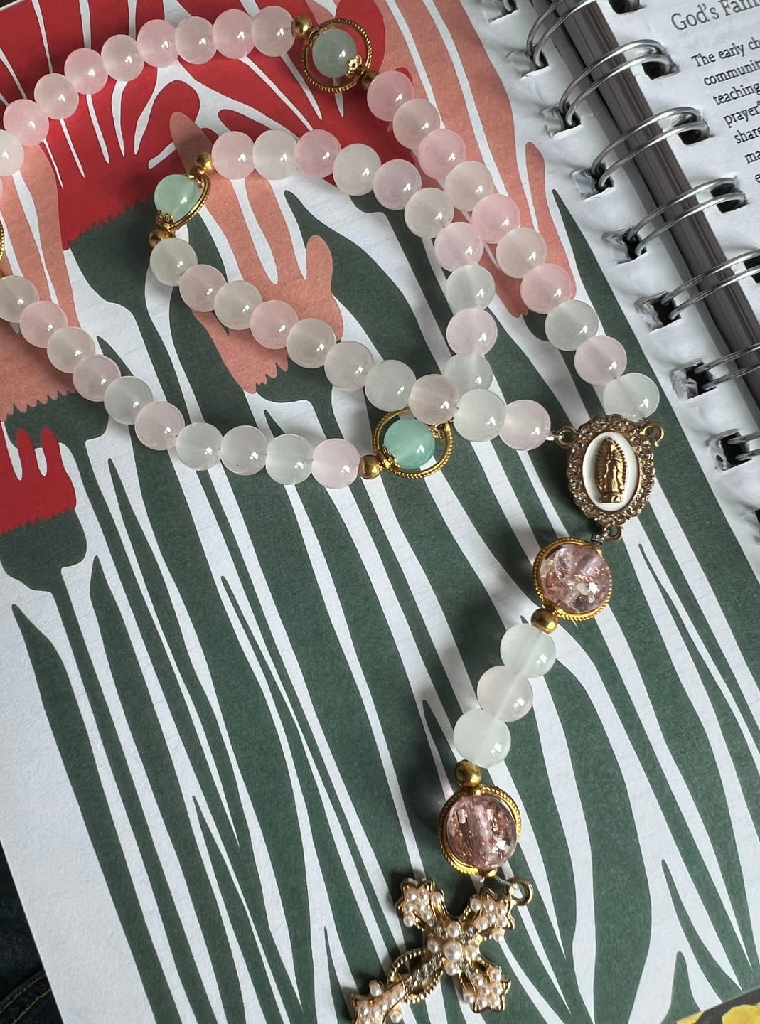 Customer photo review of SolaceBeads Artistic Pink & White Beaded Rosary: A Fusion of Colors & Sacred Symbols