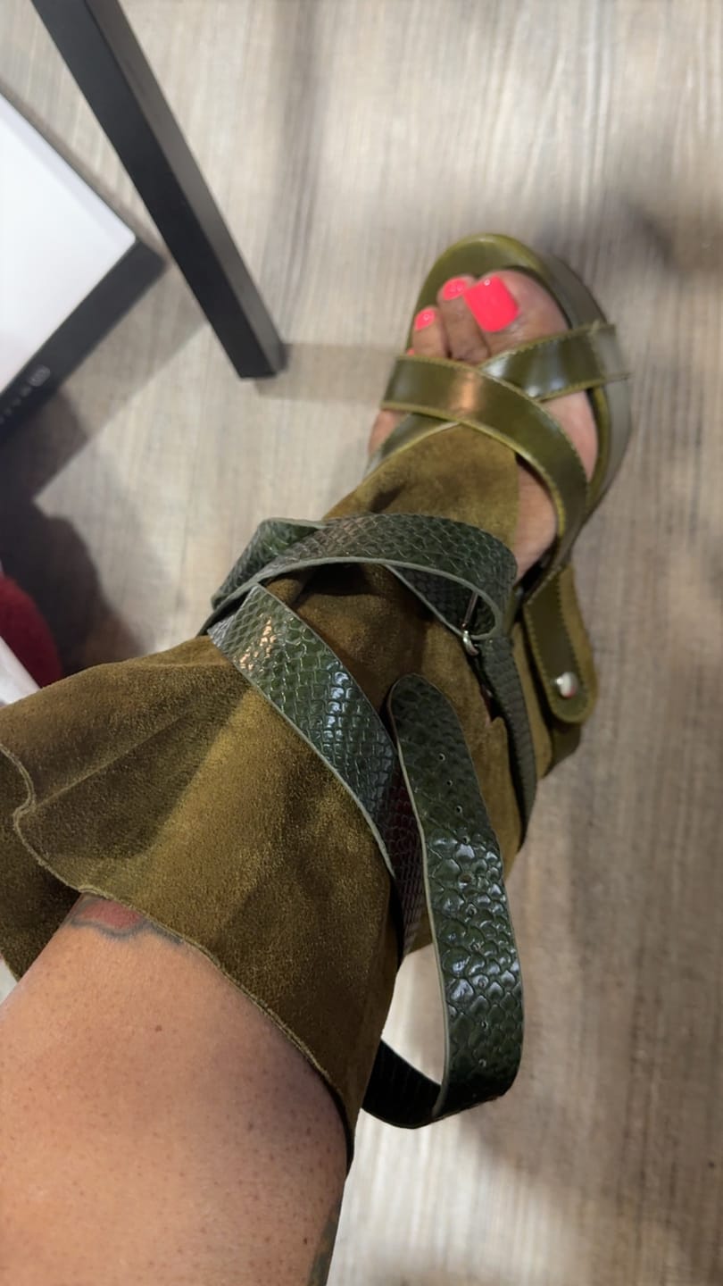 Customer photo review of ROTHKO-OLIVE BELTED WEDGE SANDAL BOOTIE