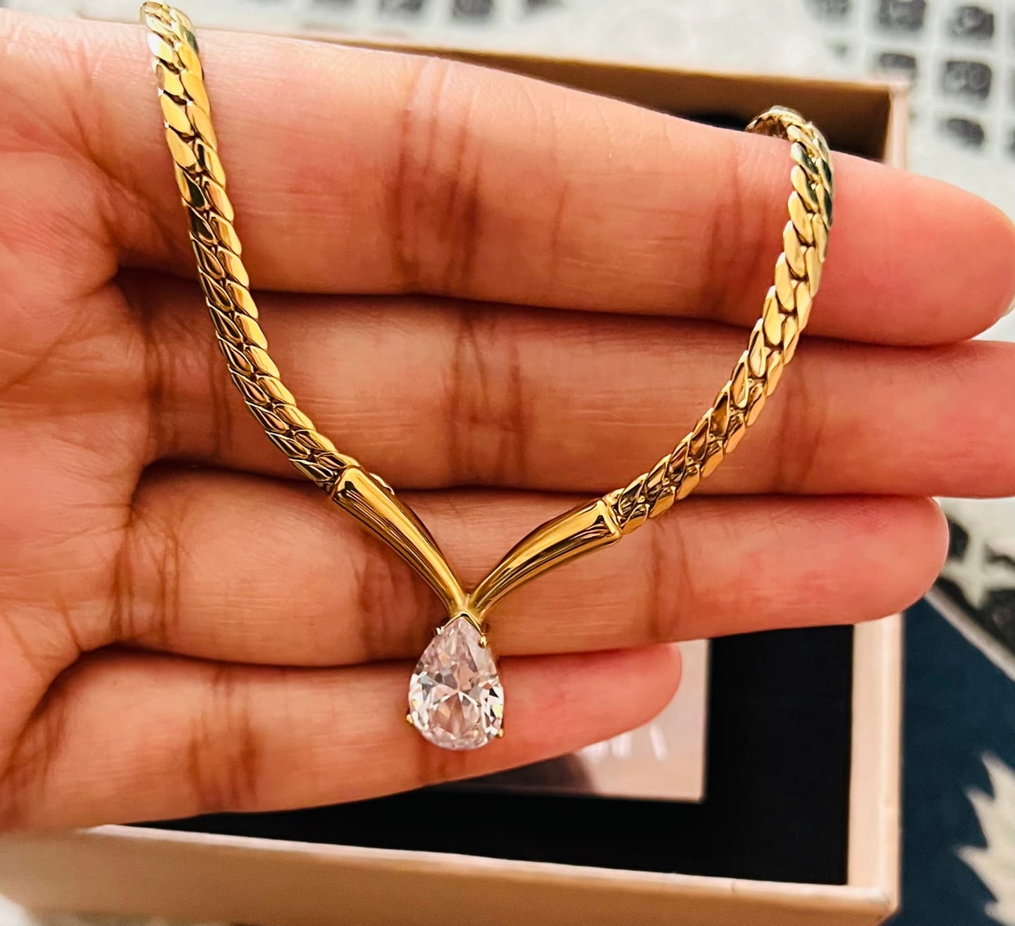 Customer photo review of Pear Diamond V Necklace