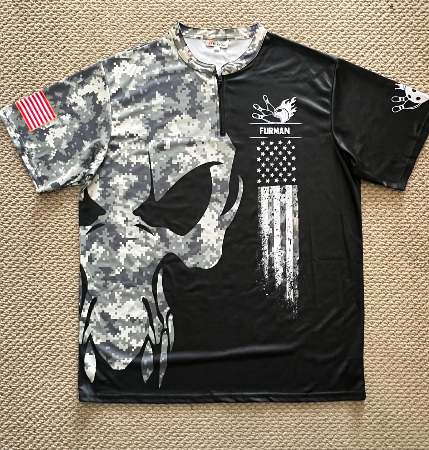 Customer photo review of Frenzidea Bowling And Pins Skull Army Flag Custom Multicolor Customized Name 3D Shirt ( 4 Colors )