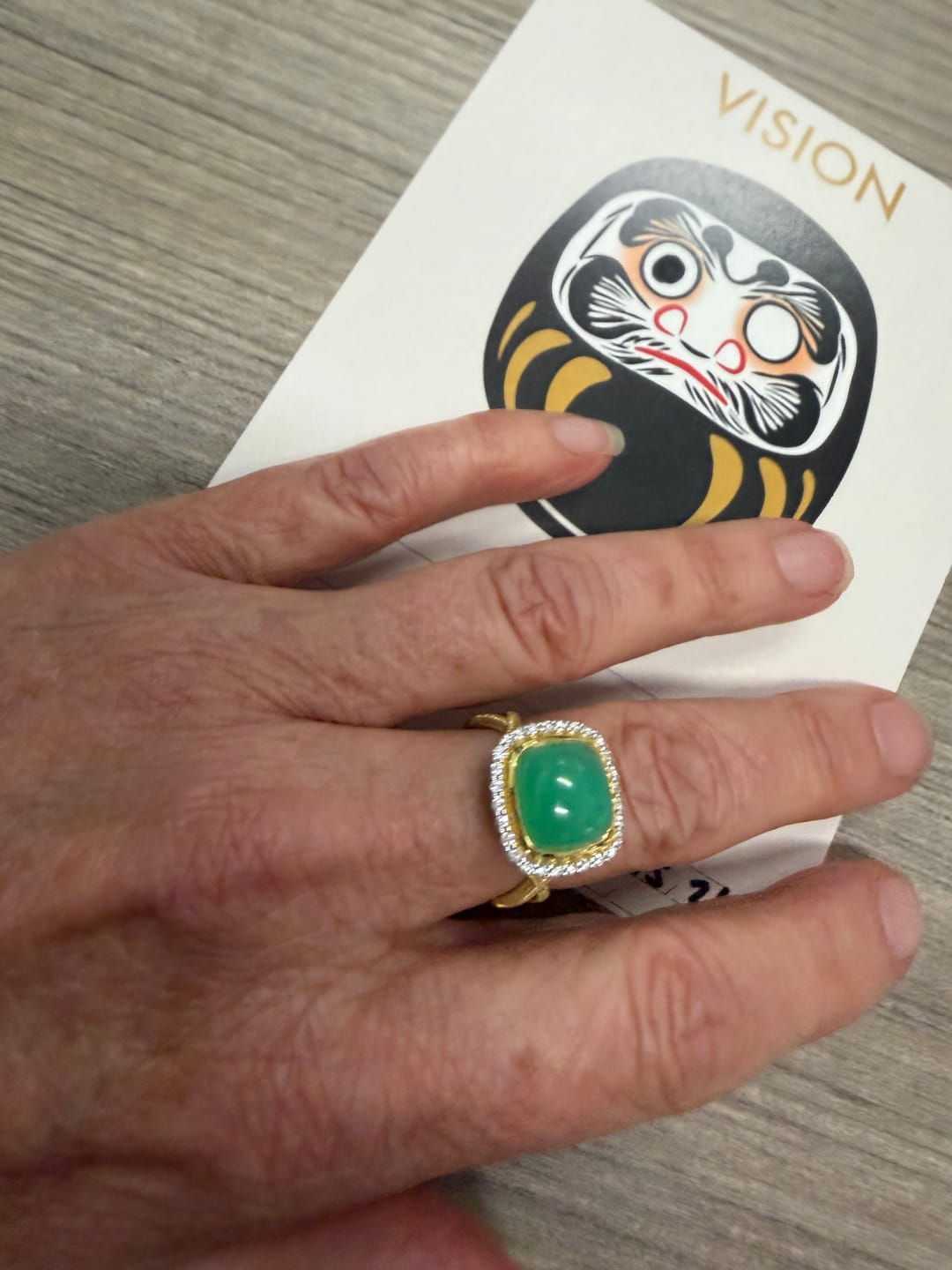 Customer photo review of Vintage 18k Yellow Gold 3.04ct Chrysoprase Diamond Dreamy Halo Ring 6.75