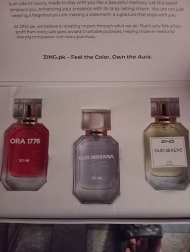 Customer's OUD Supreme BUNDLE showing the three fragrance bottles, Ora 1776, Oud Nirvana, and Oud Serene, in the open box.