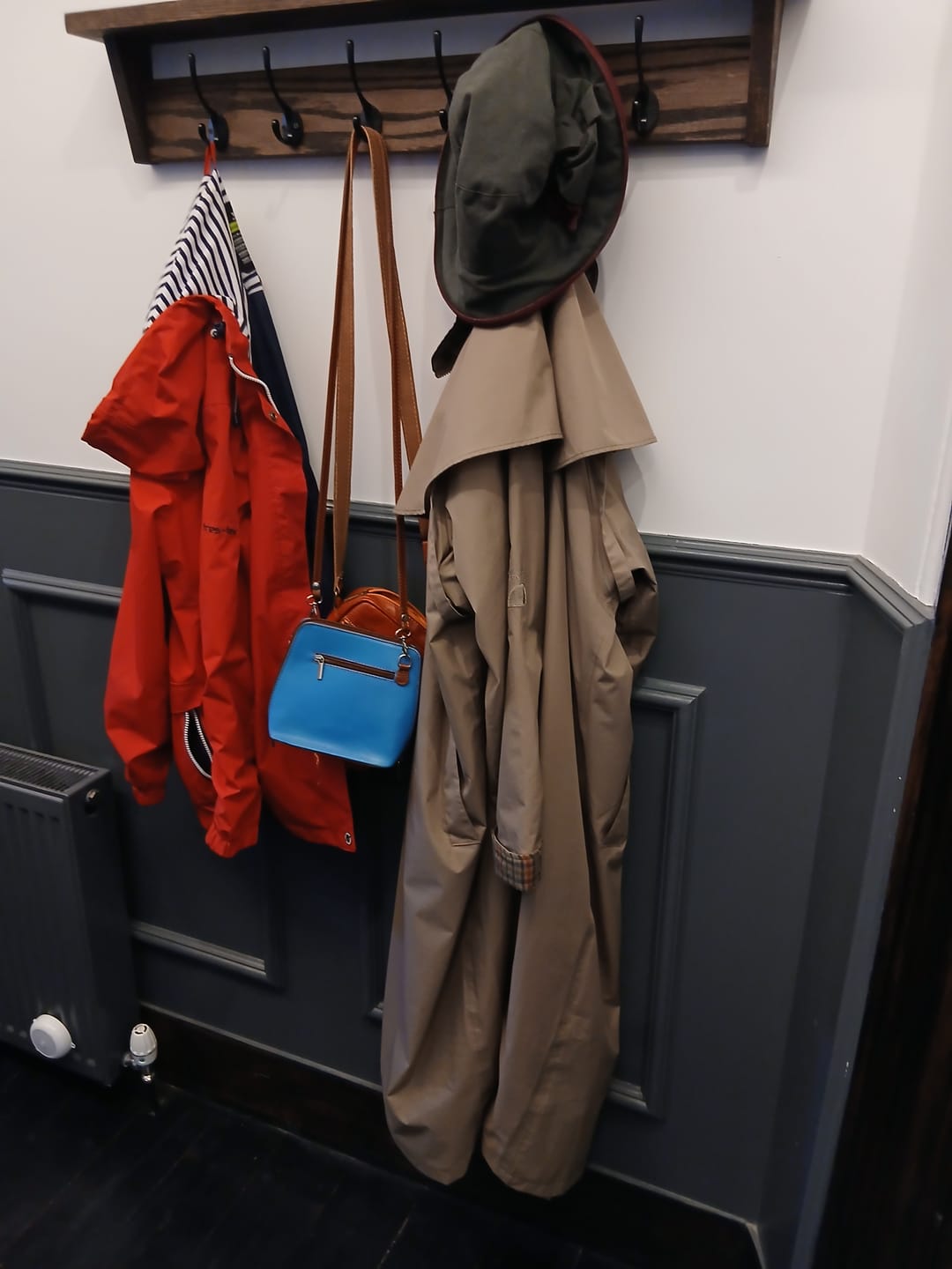 Customer photo review of Solid Oak Walnut Coat Rack with Shelf
