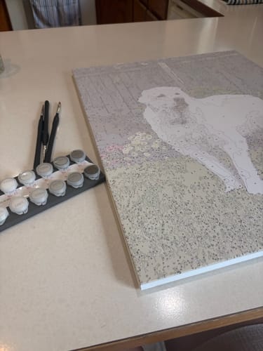 Customer's Custom Paint by Numbers Kit with a dog canvas laid out on a table next to the included paints and brushes.